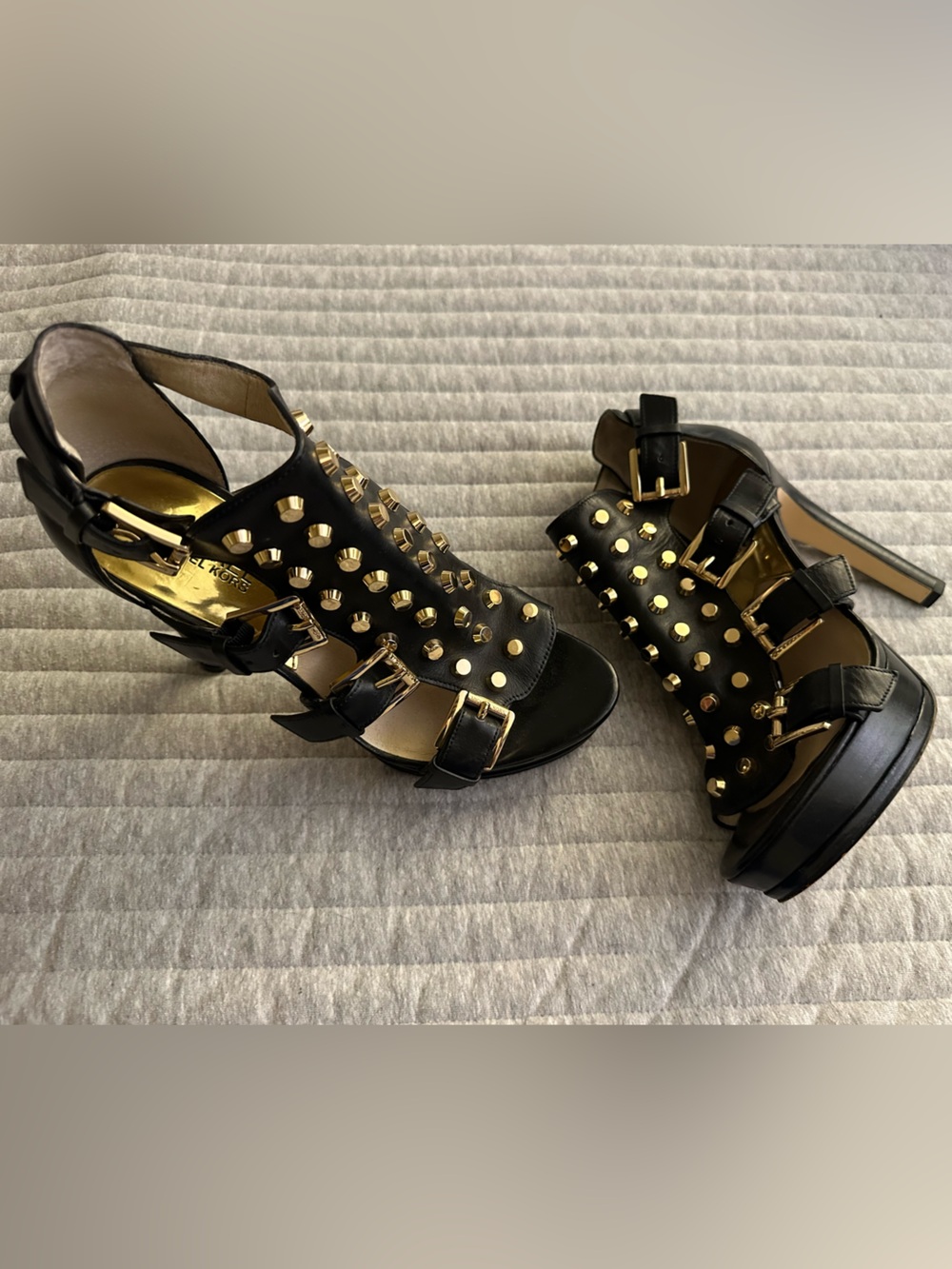 Michael Kors black Studded High-Heel Sandals with Gold Accents